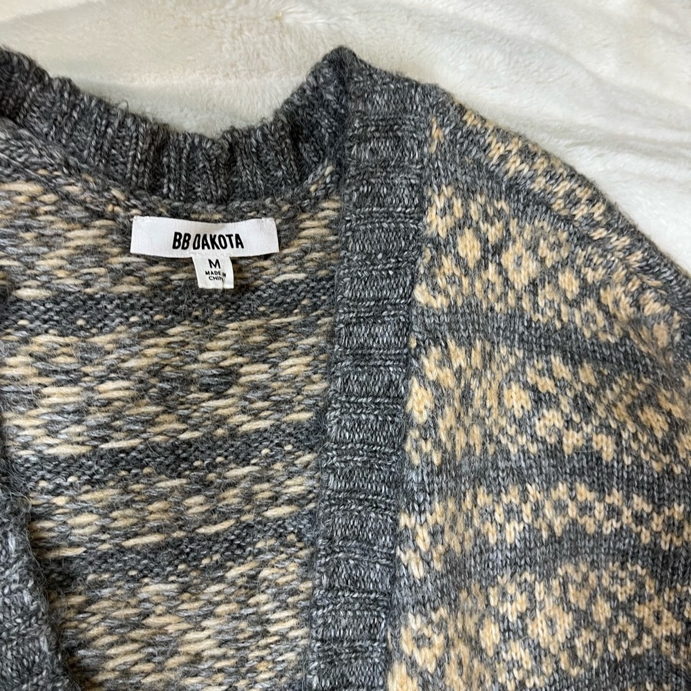 BB Dakota M Grey Orange Long Open Fall Winter Fair Isle Preppy Office Cardigan